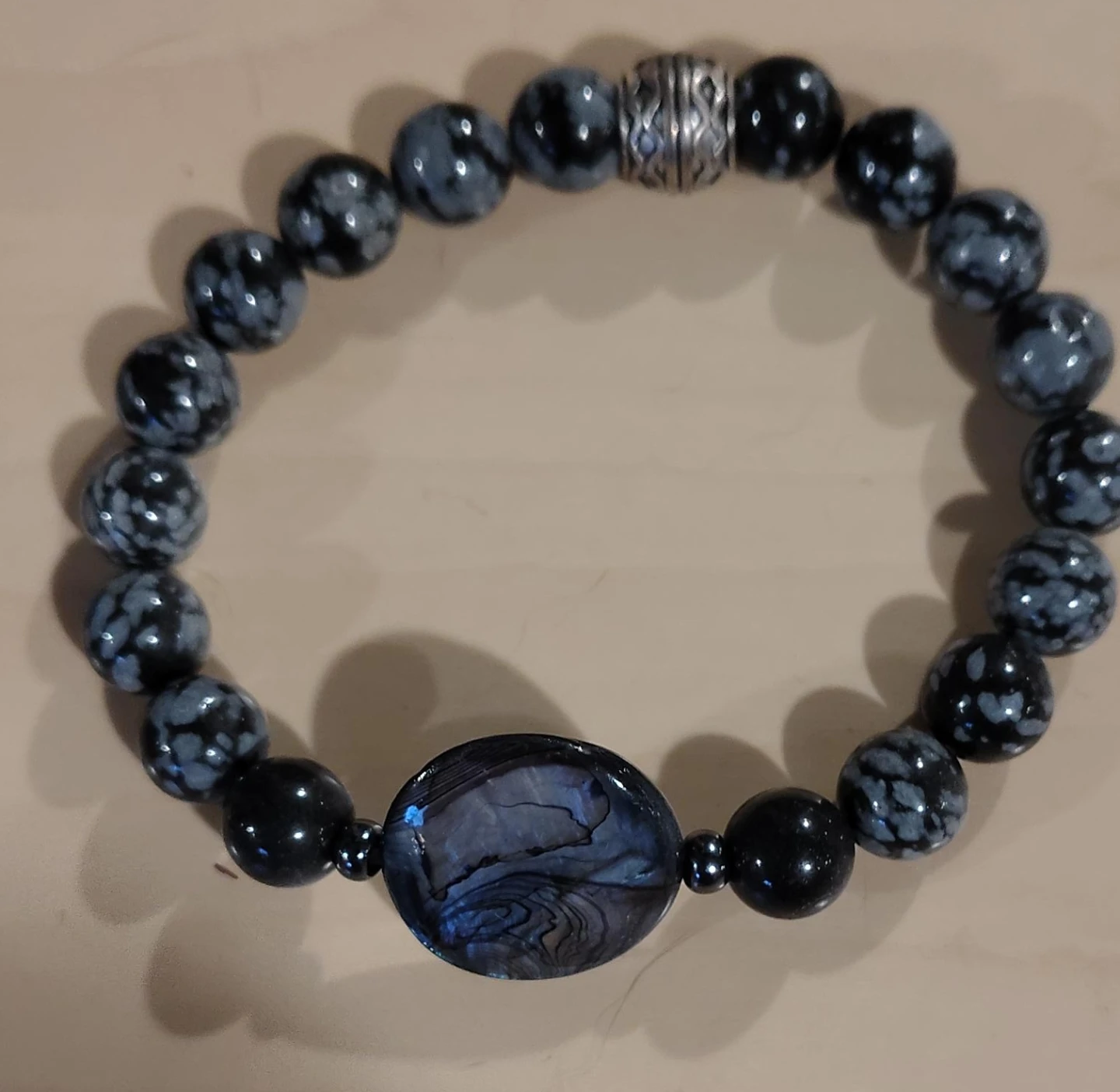 Beaded Stretch Bracelet with Obsidian and Abalone Shell