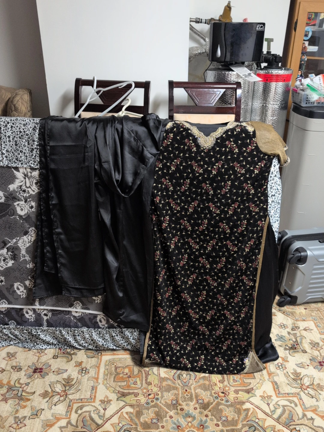Black Floral Maxi Dress with Gold Trim full suit