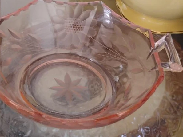 Pink Etched Glass Serving Bowl with Handles