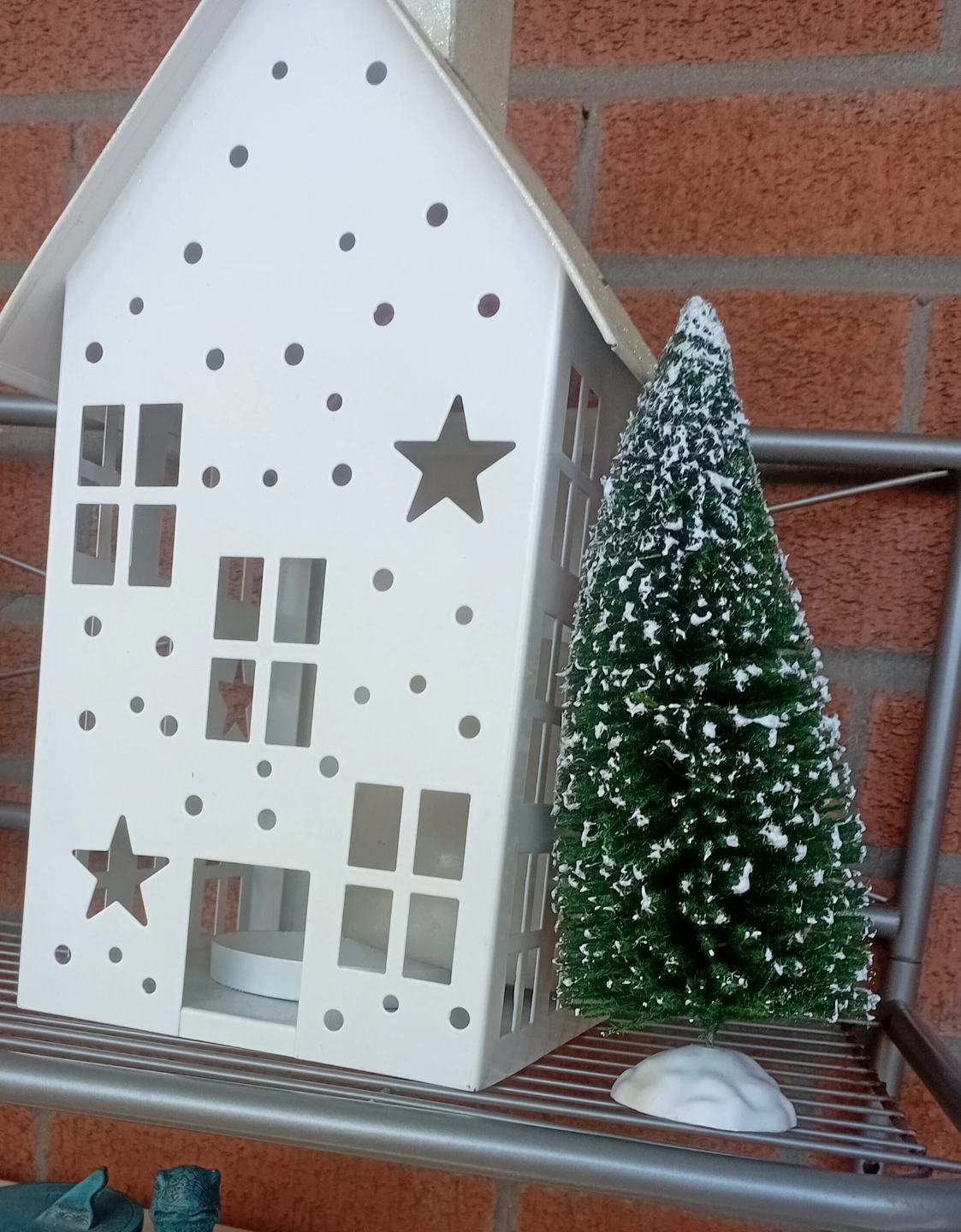 White Christmas House Lantern with Miniature Tree