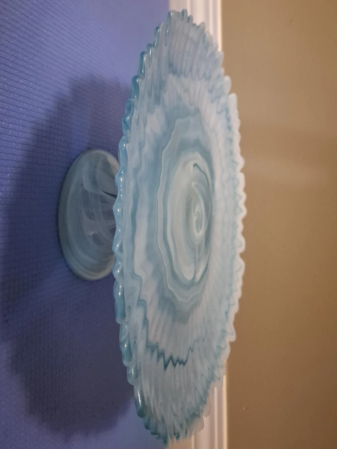 Stunning Hand-Blown Blue Swirl Art Glass Cake Stand