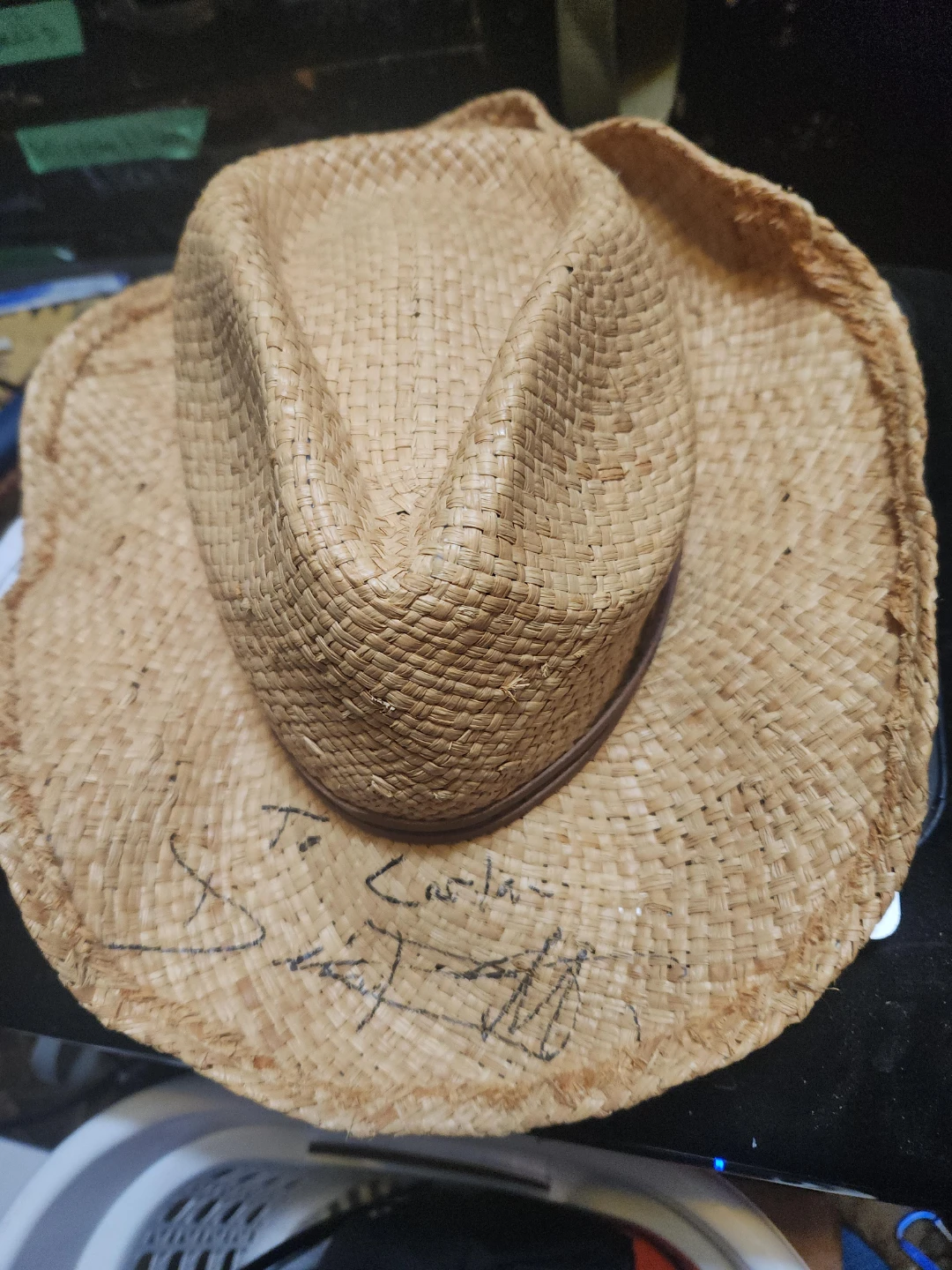 Straw Cowboy Hat signed by deric ruttan at cal stamp 2011