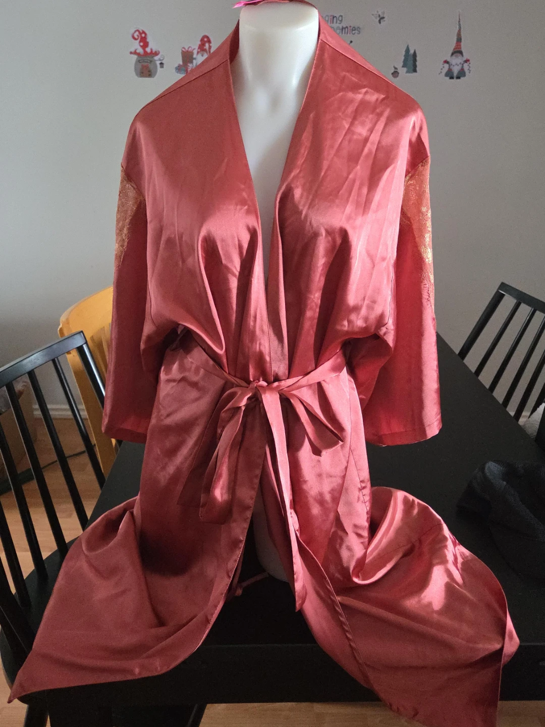 Satin Kimono Robe with Lace Trim