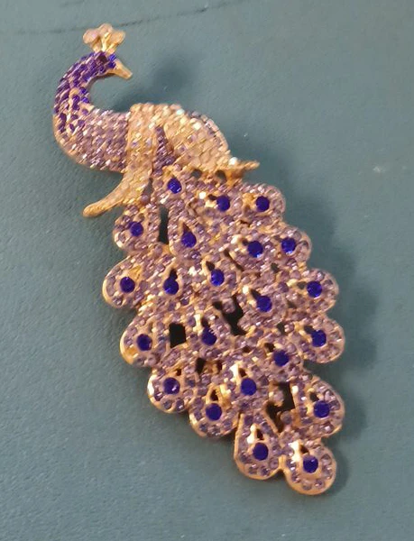 Sparkling Peacock Brooch Pin with Blue and Gold Rhinestones