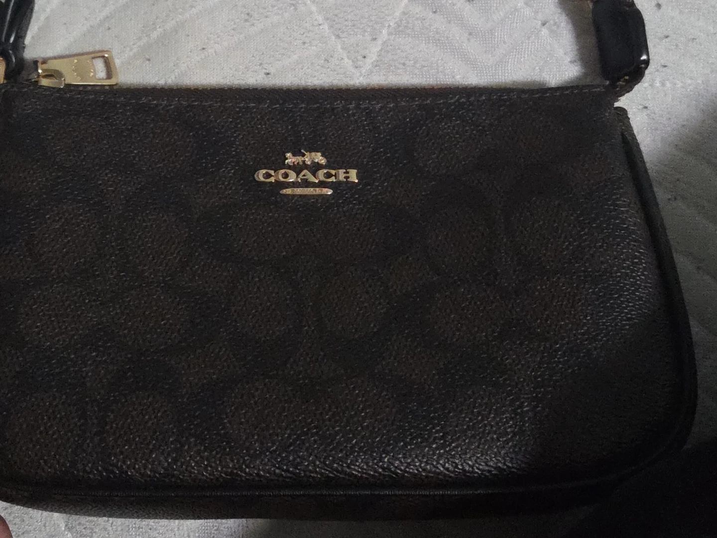 Coach Brown Signature Print Leather Wristlet Pouch