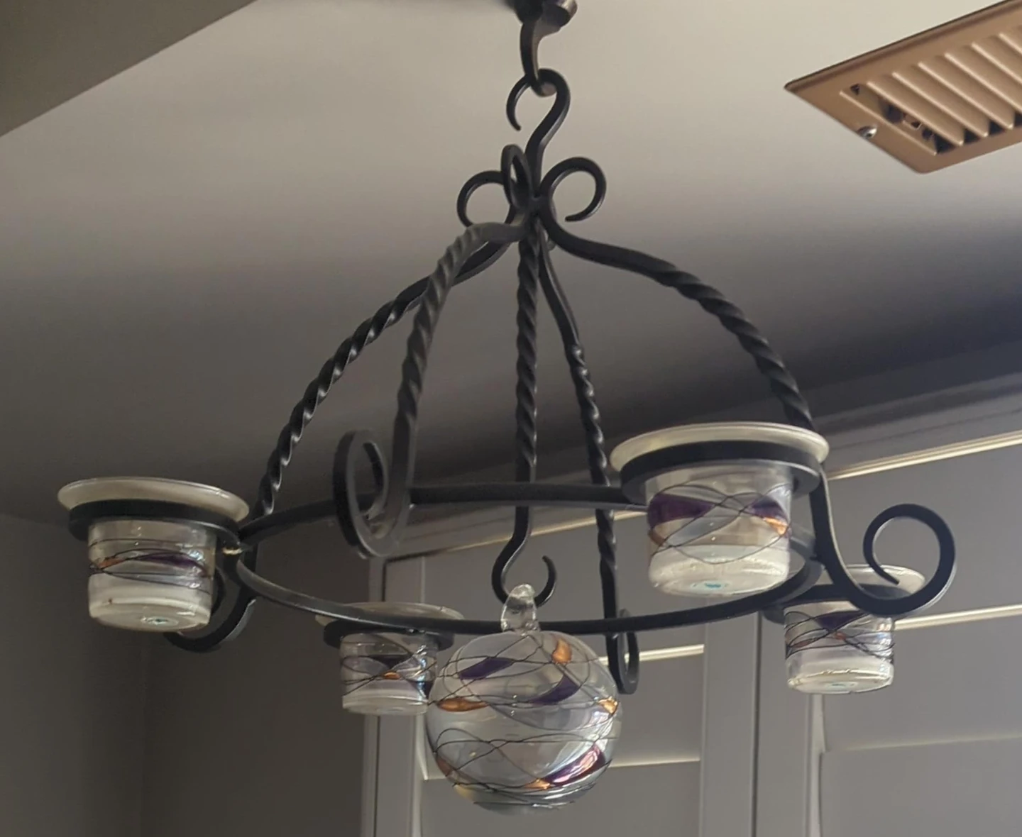 Wrought Iron Chandelier with Glass Candle Holders