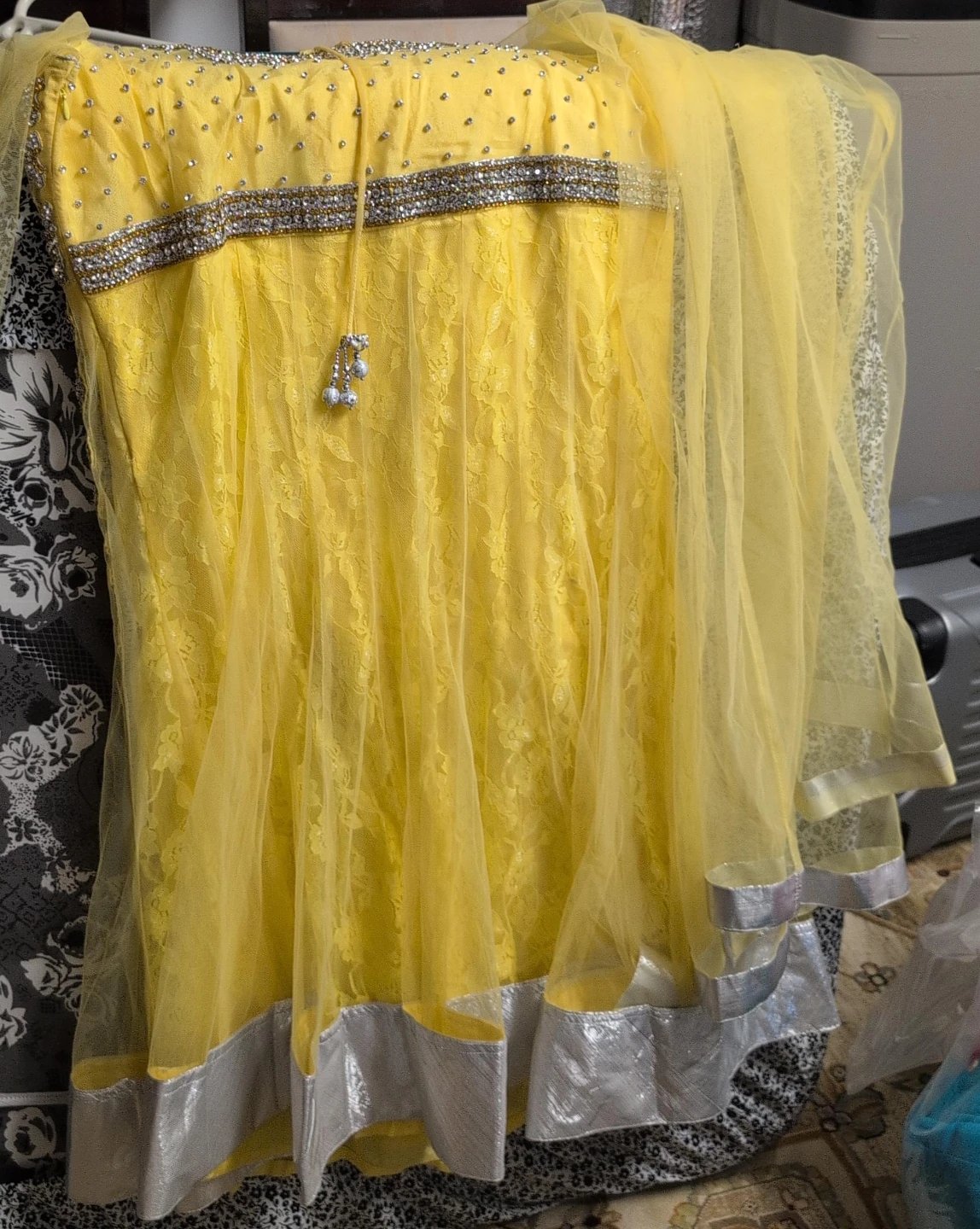 Yellow Embroidered Dress with Tulle Overlay