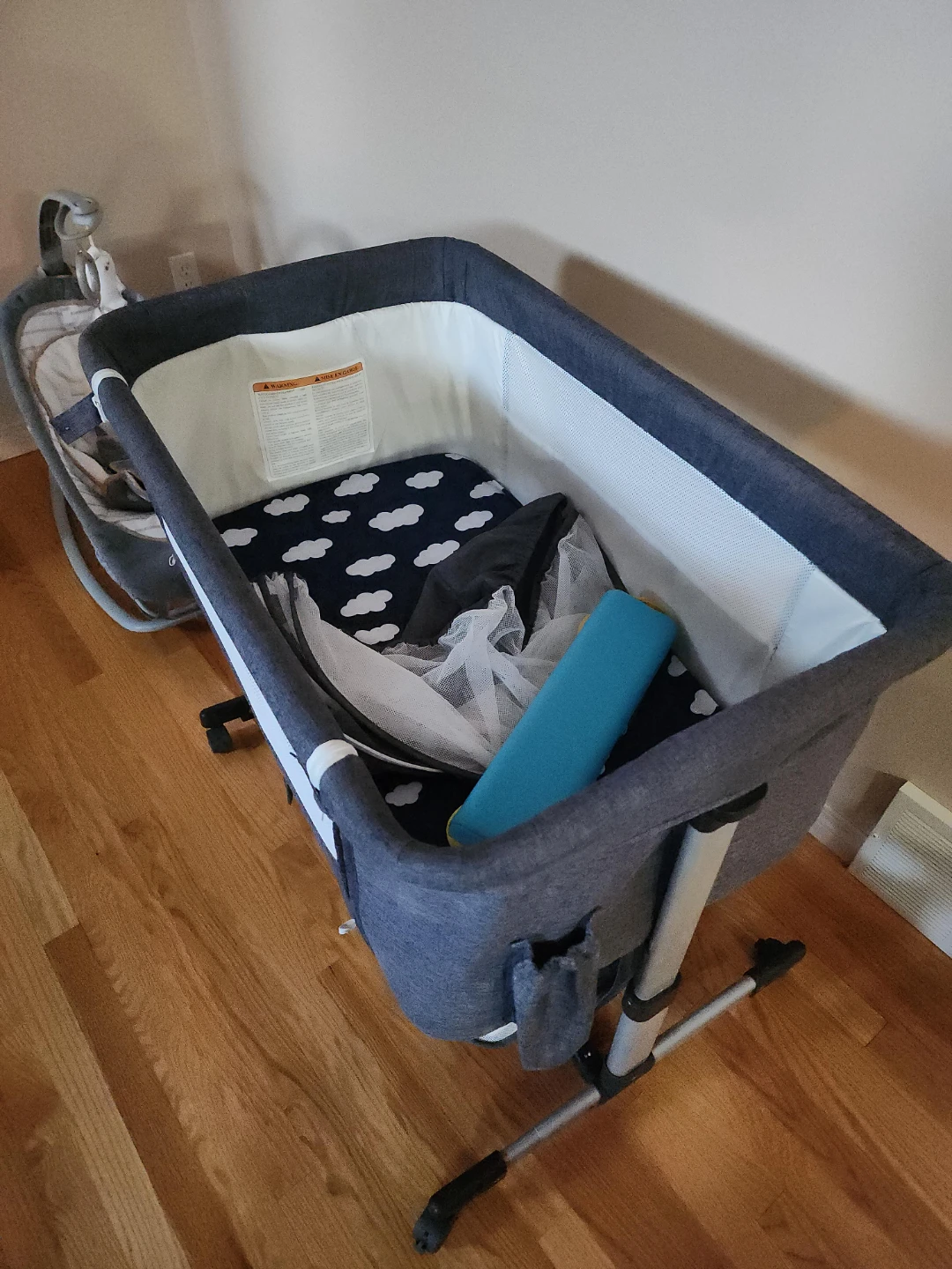 Grey Baby Bassinet with Cloud Print Sheet
