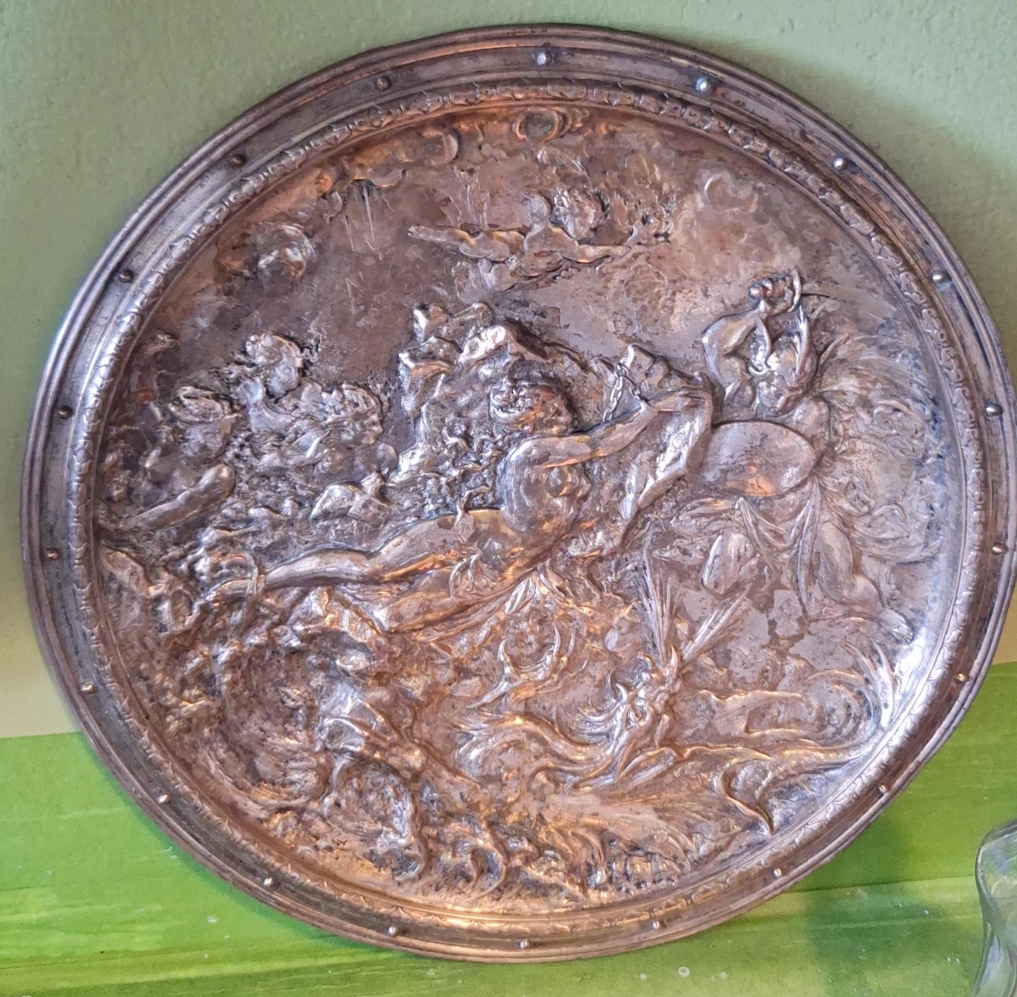 Antique Embossed Metal Tray with Cherubs and Figures