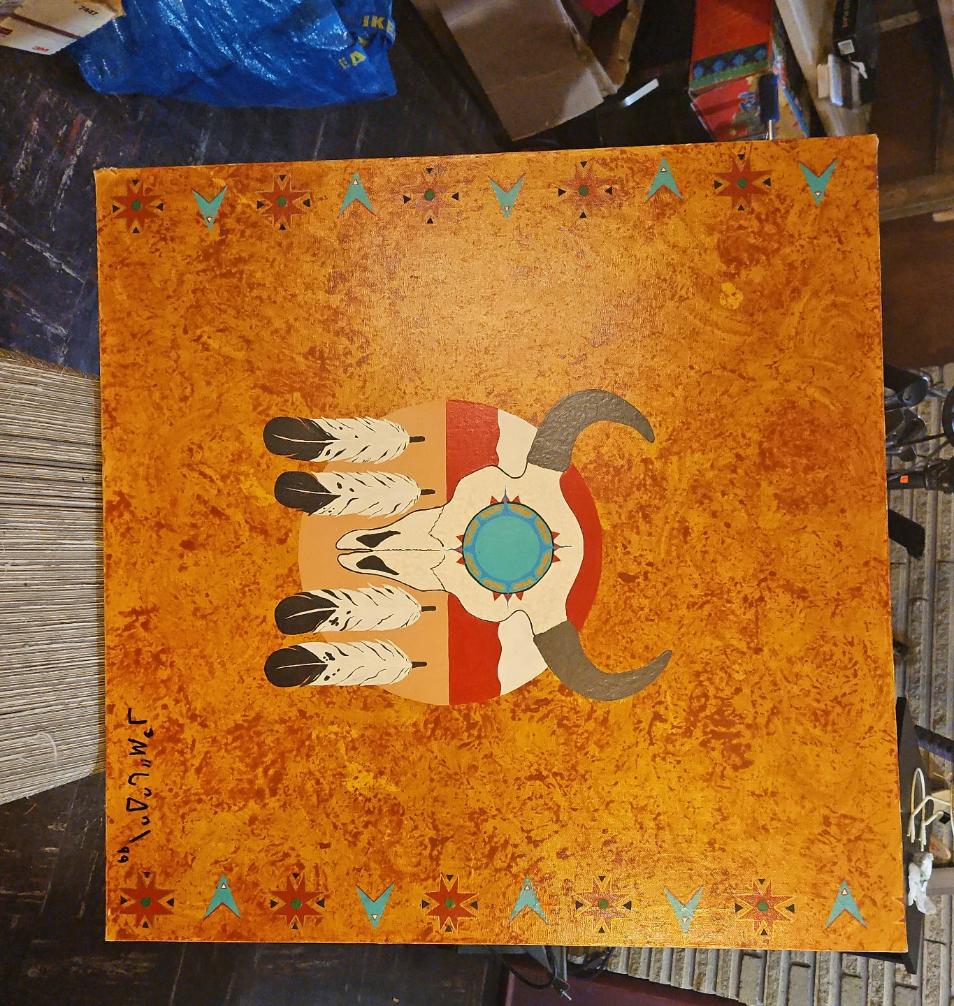 Original Artwork - Bull Skull & Feathers