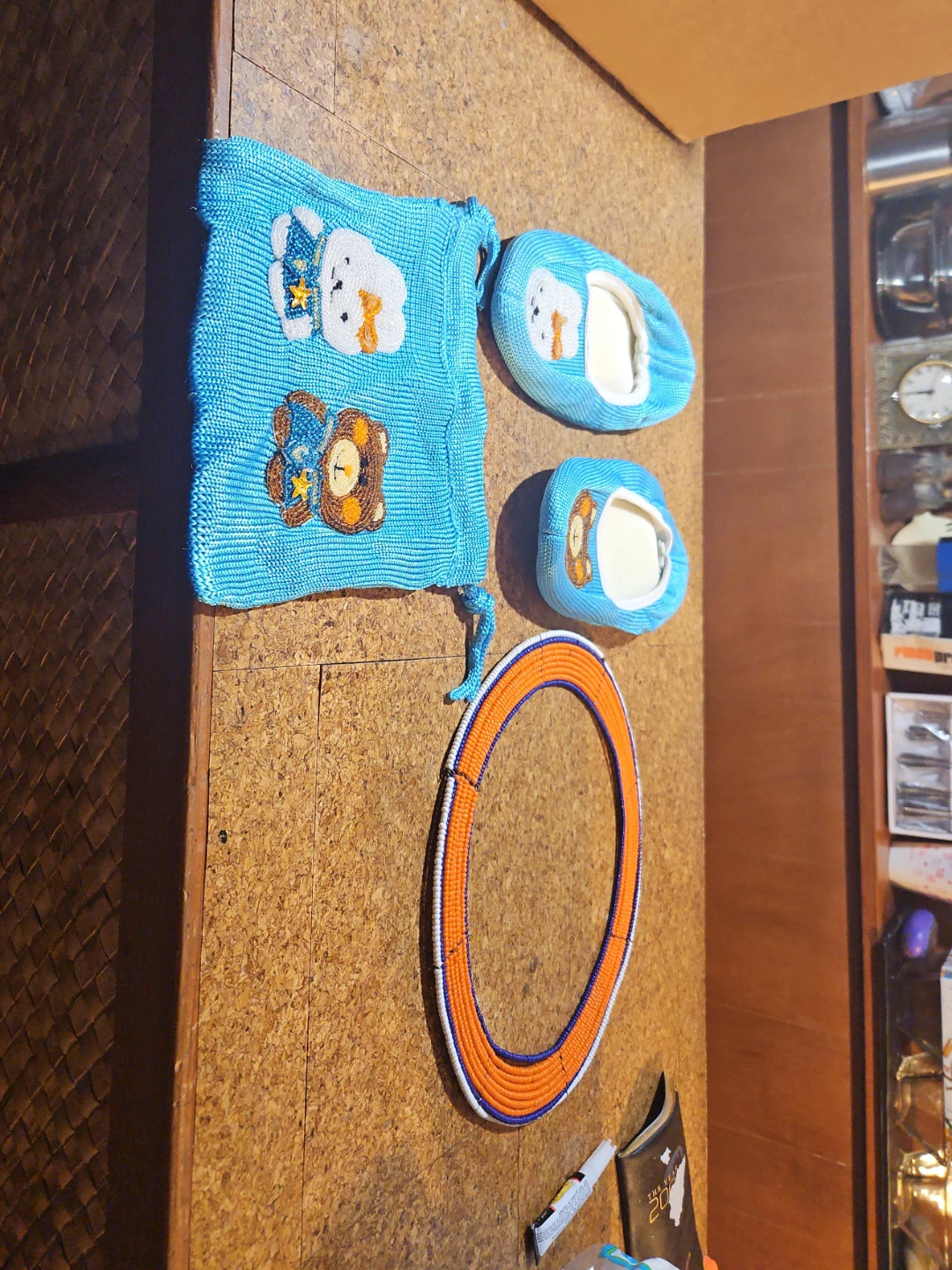 Blue Baby Booties with Bear and Bunny & Beaded Necklace Set