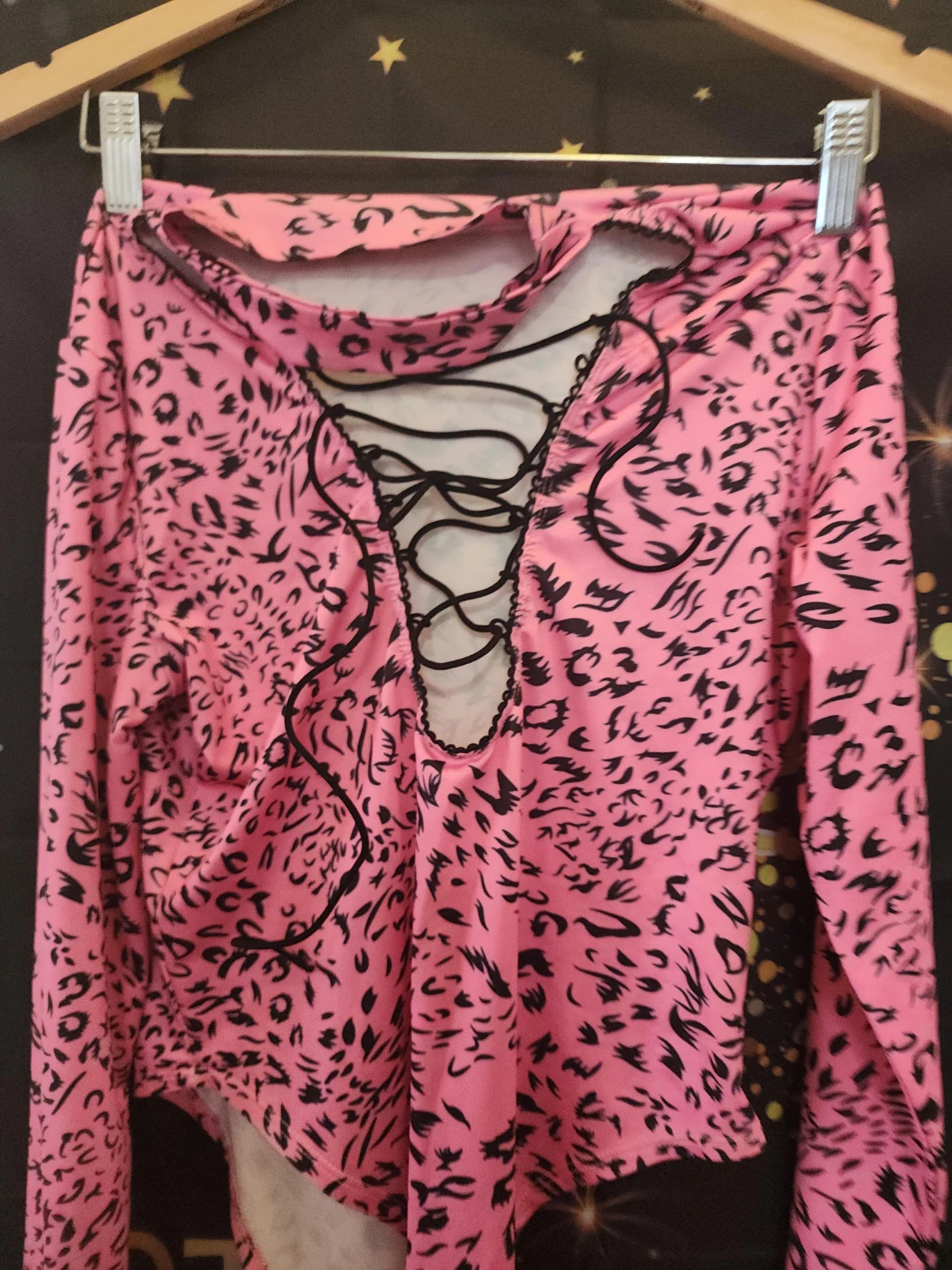Pink Leopard Print Bodysuit with Lace-Up Detail