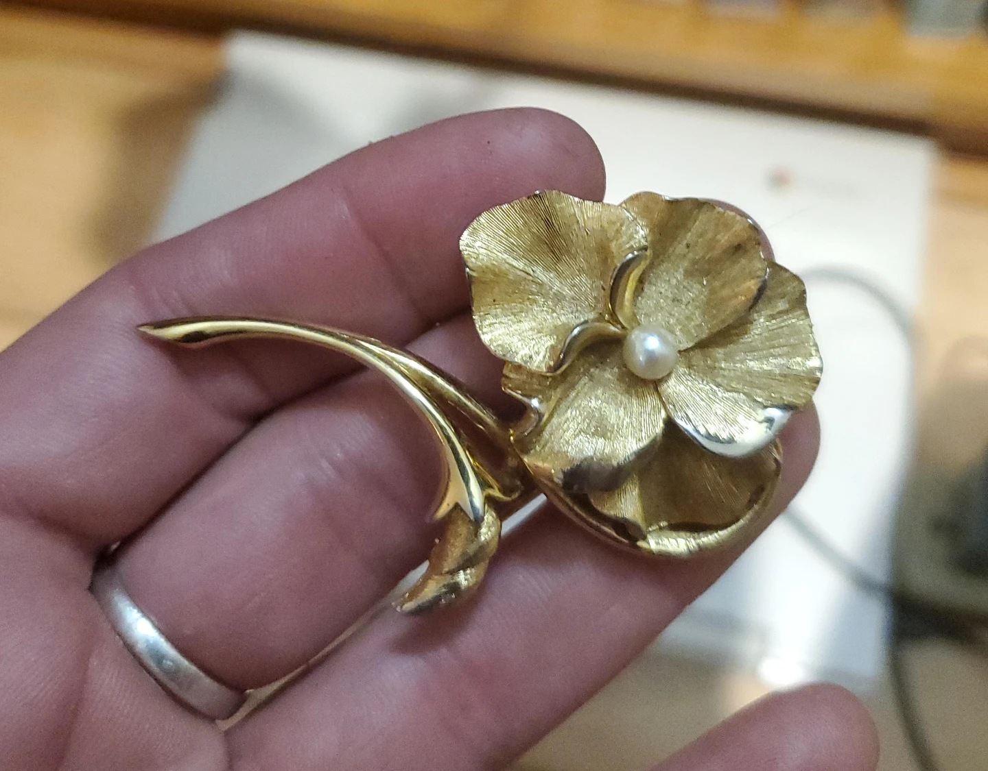 Gold Flower Brooch with Pearl Accent