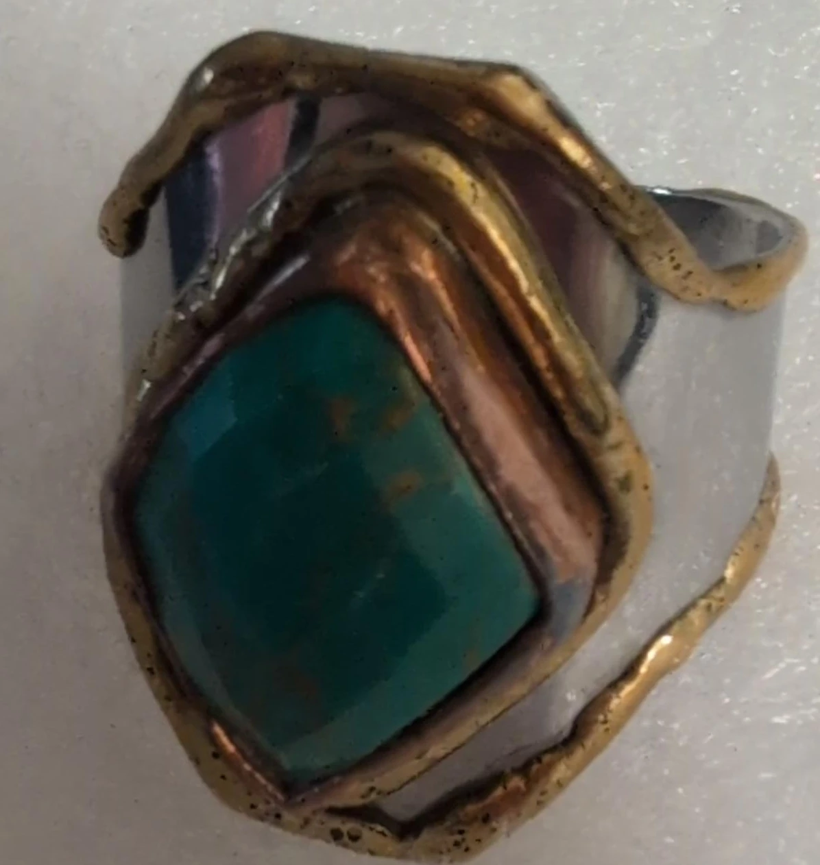Tortoise Turquoise Gemstone Ring with Mixed Metal Band