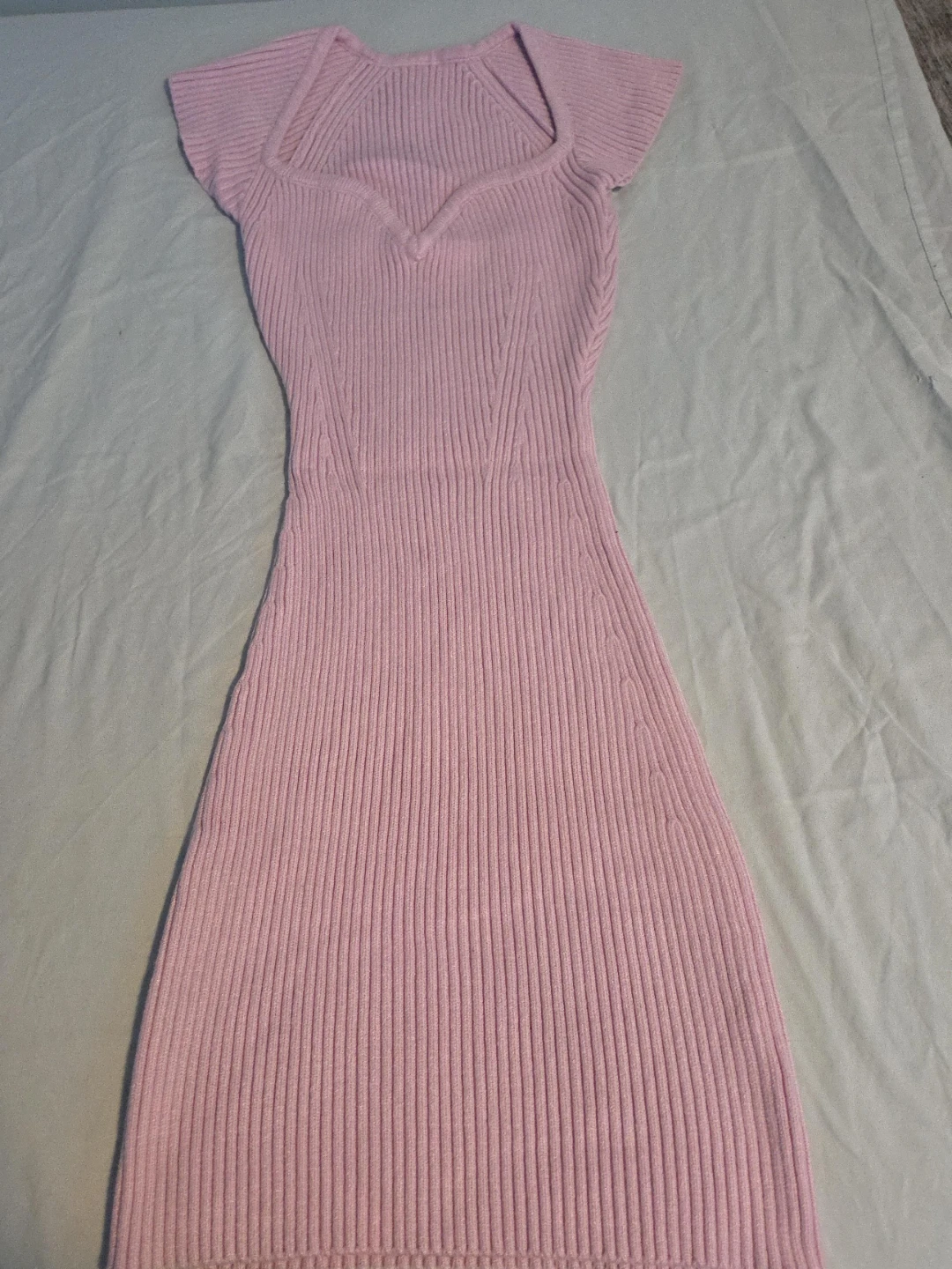 Pink Ribbed Knit Dress with Sweetheart Neckline