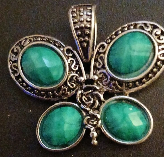 Silver Butterfly Pendant with Green Stones