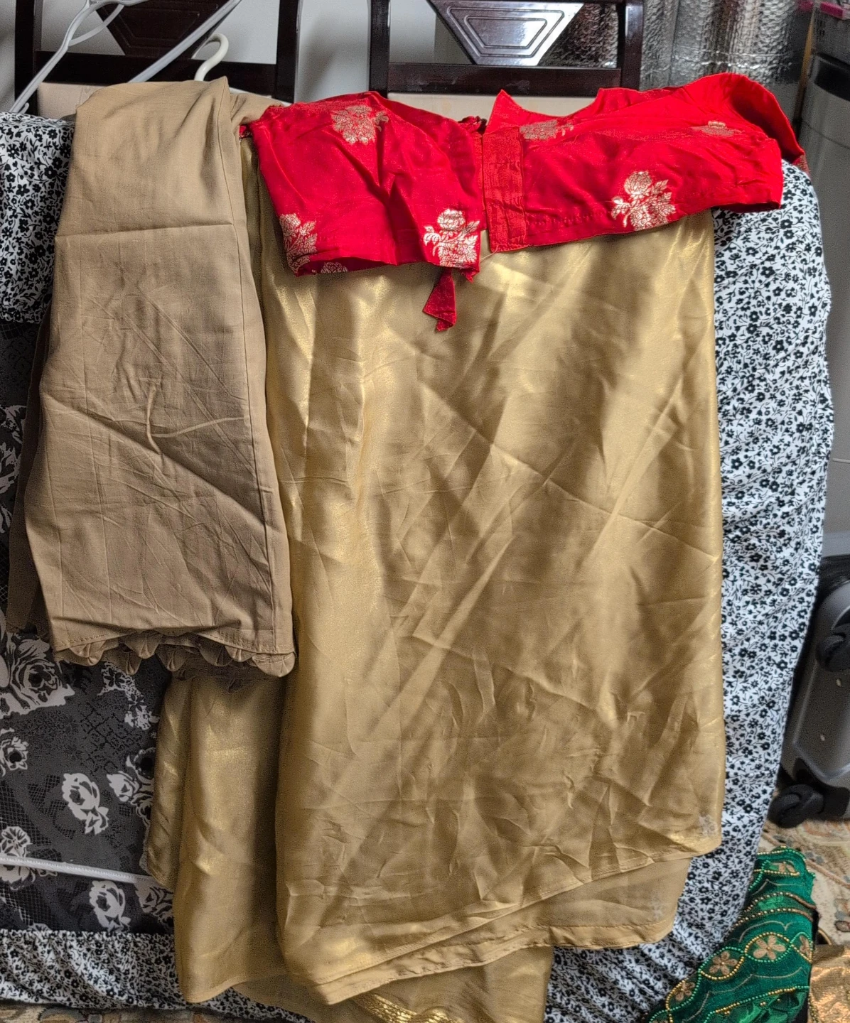 Women's Red and Gold Saree Blouse and Skirt Set