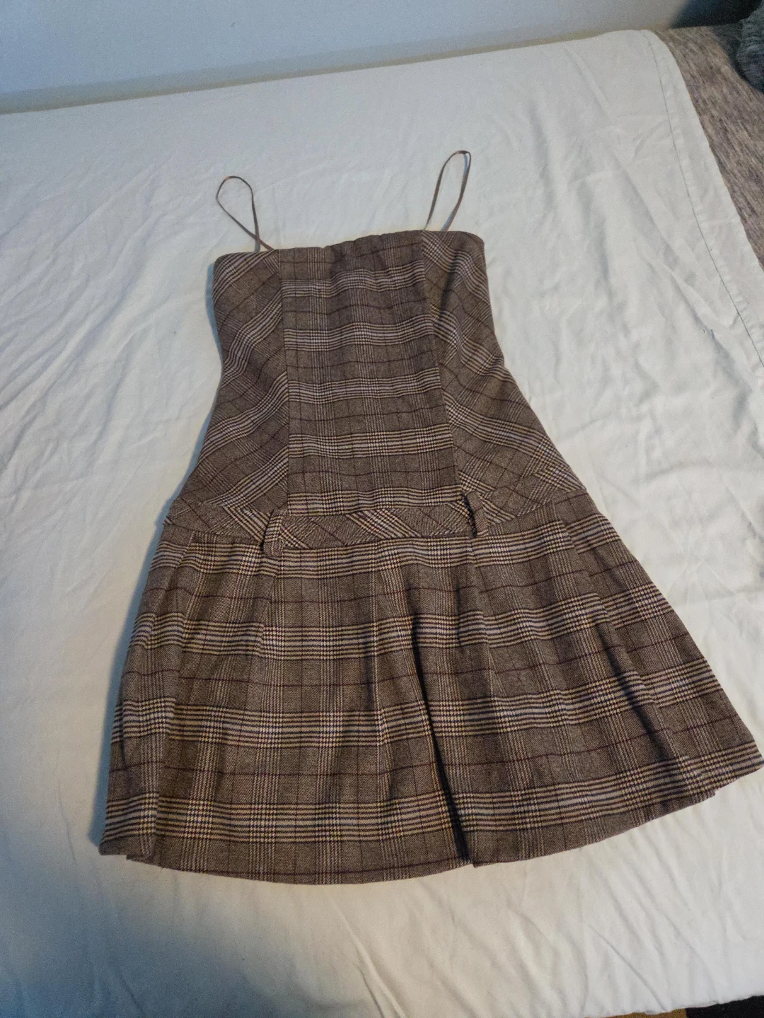 Brown Plaid Spaghetti Strap Mini Dress