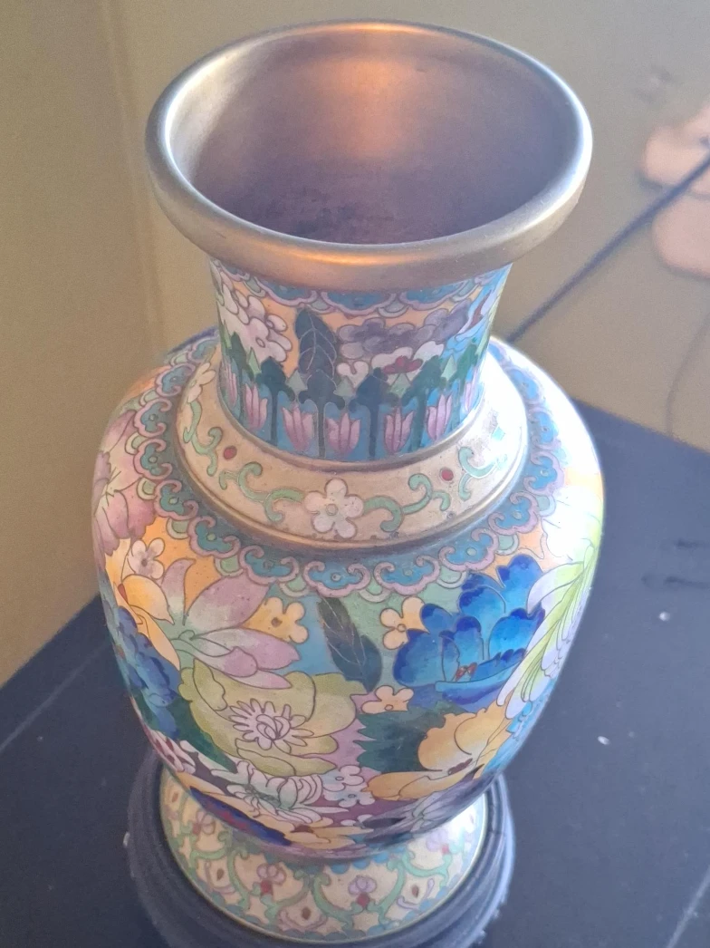 Vintage Cloisonné Vase with Wooden Base
