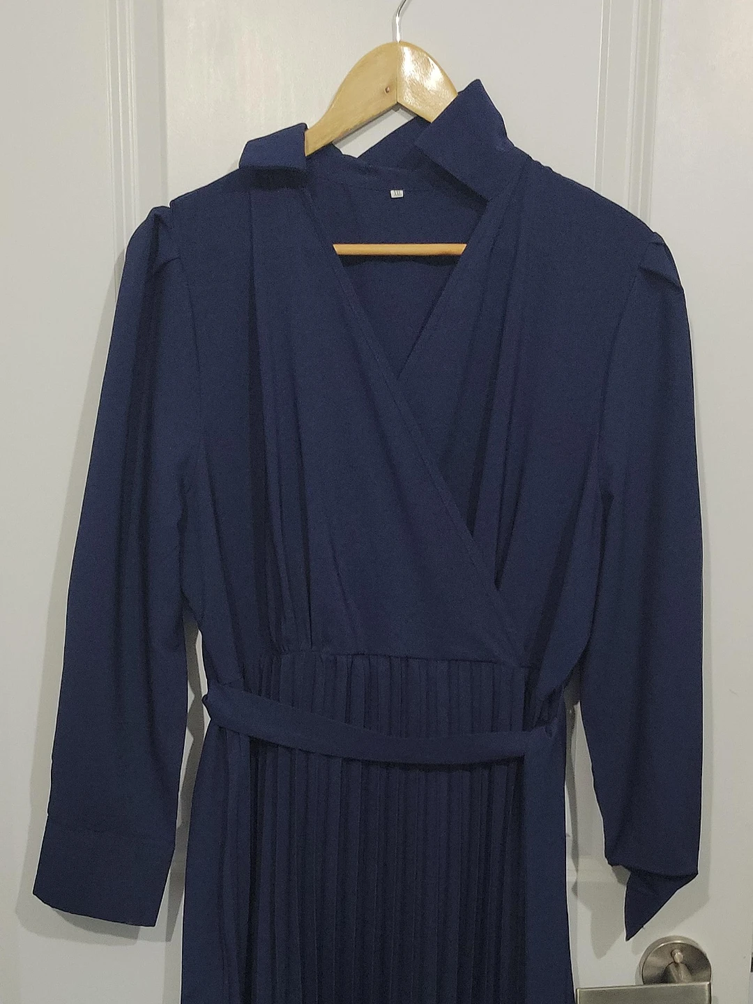 Navy Blue Pleated Midi Dress with Belt