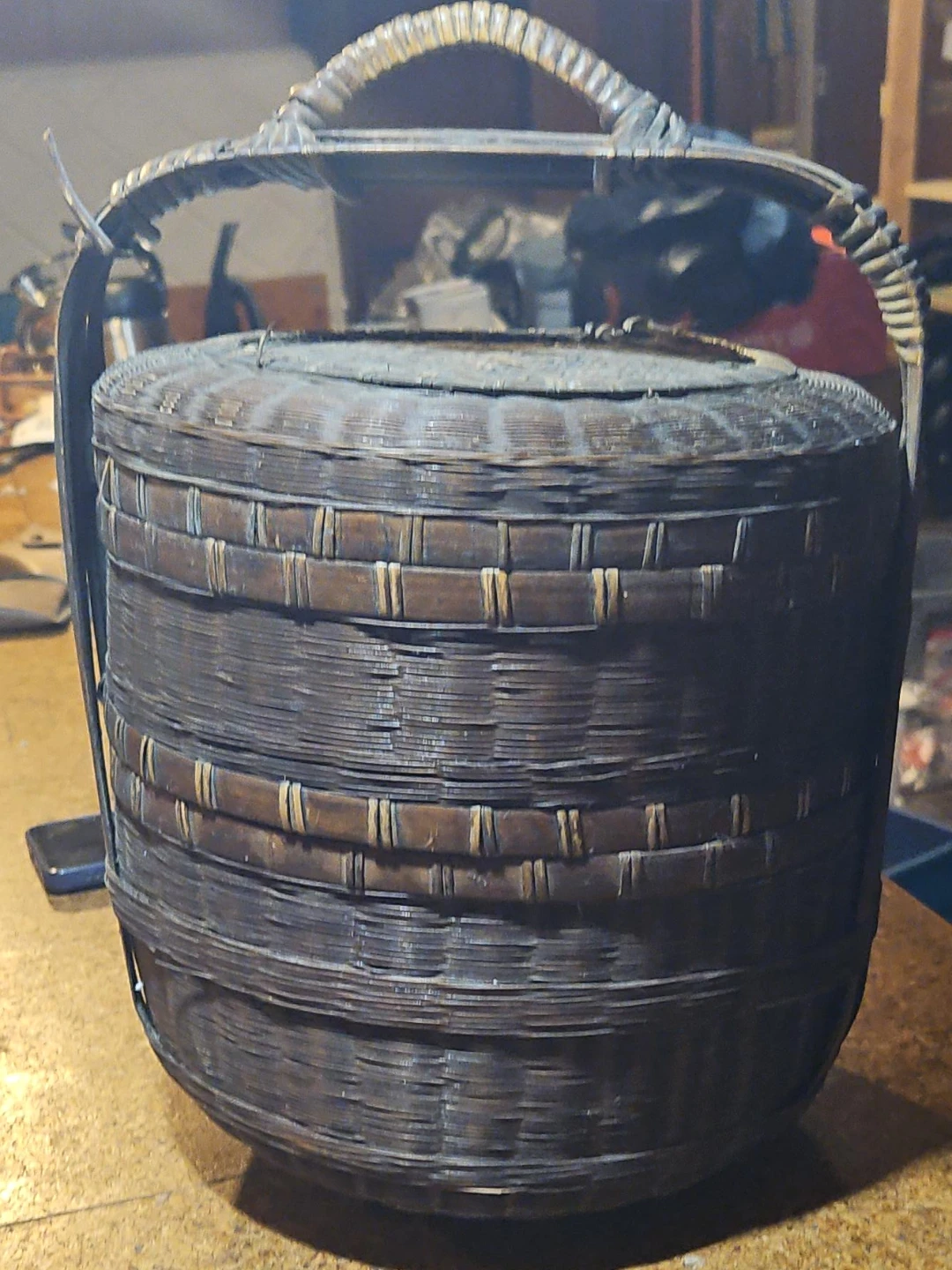 Vintage Stacked Wicker Basket with Lid and Handle