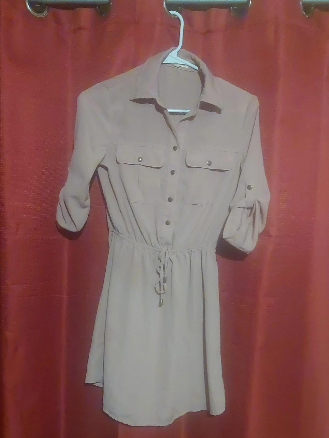 Light Pink Collared Button-Up Shirt Dress with Tie Waist