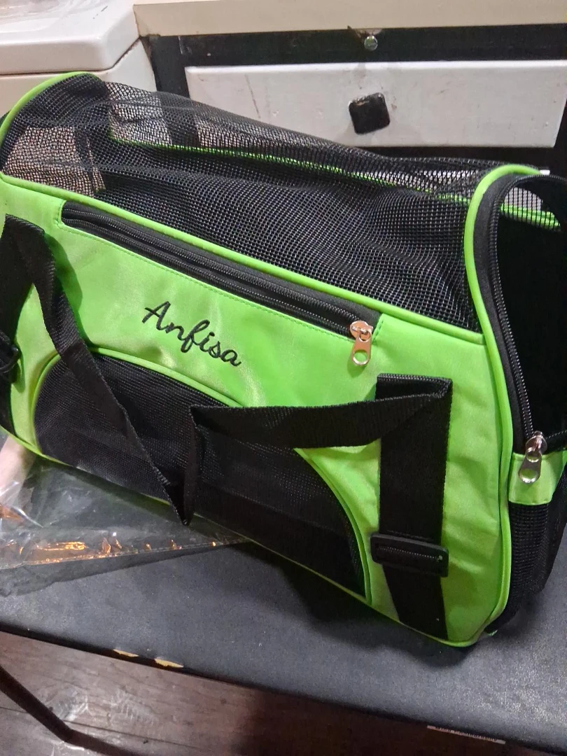 Lime Green Pet Carrier Bag with "Anfisa" Embroidery