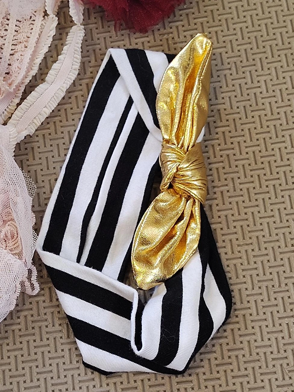 Striped Headband with Gold Bow