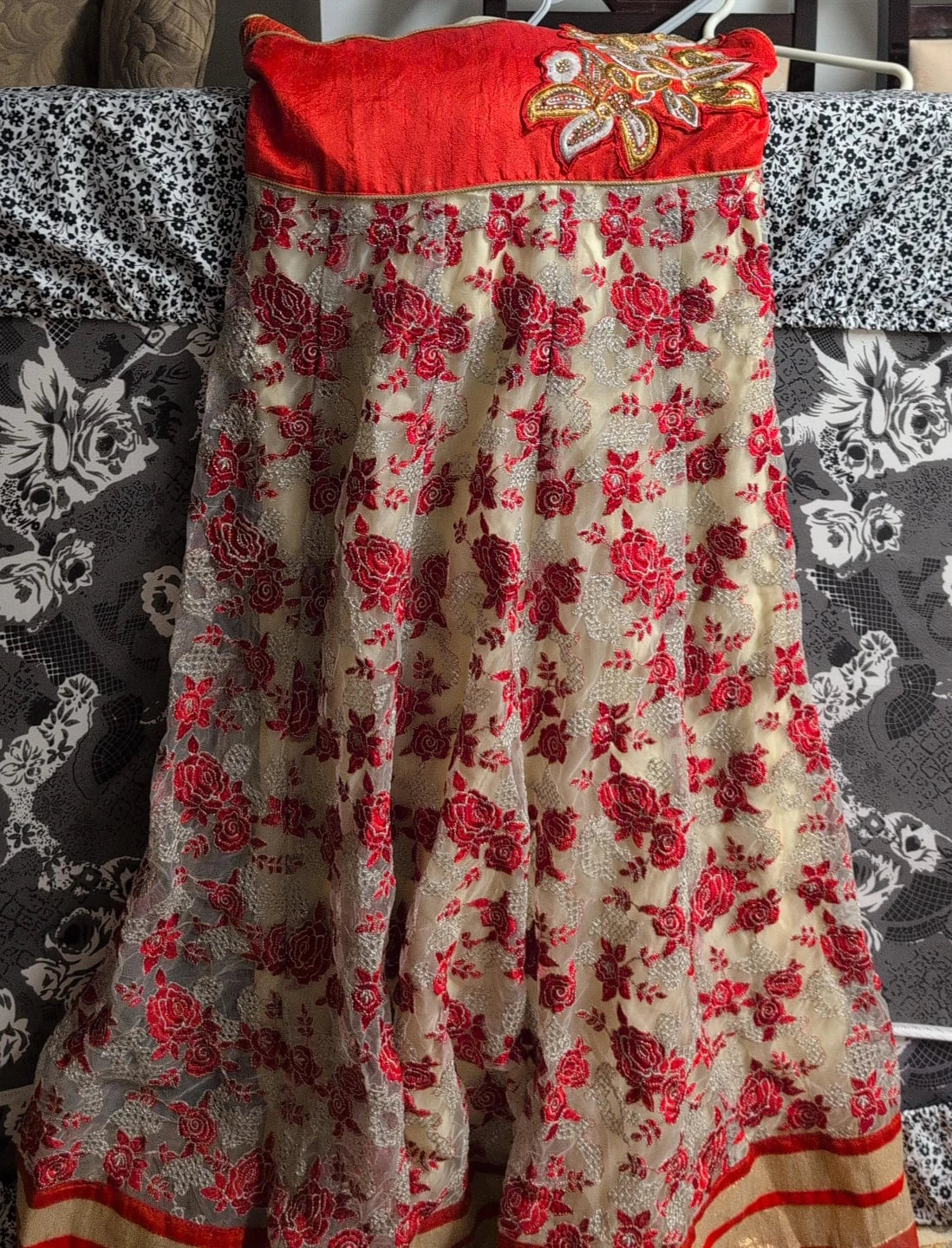 Embroidered Red and Cream Strapless Dress
