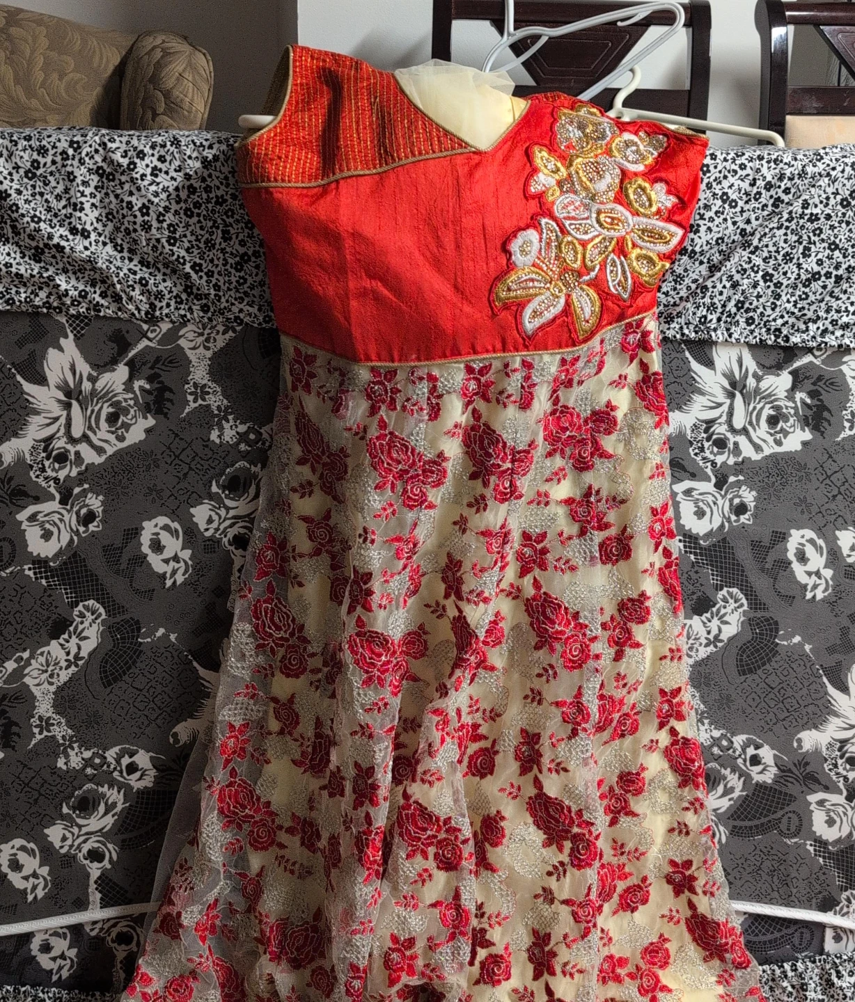 Red and Cream Floral Embroidered Dress
