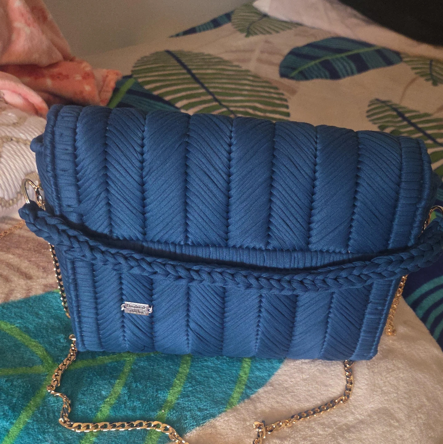 Blue Woven Crossbody Bag with Gold Chain