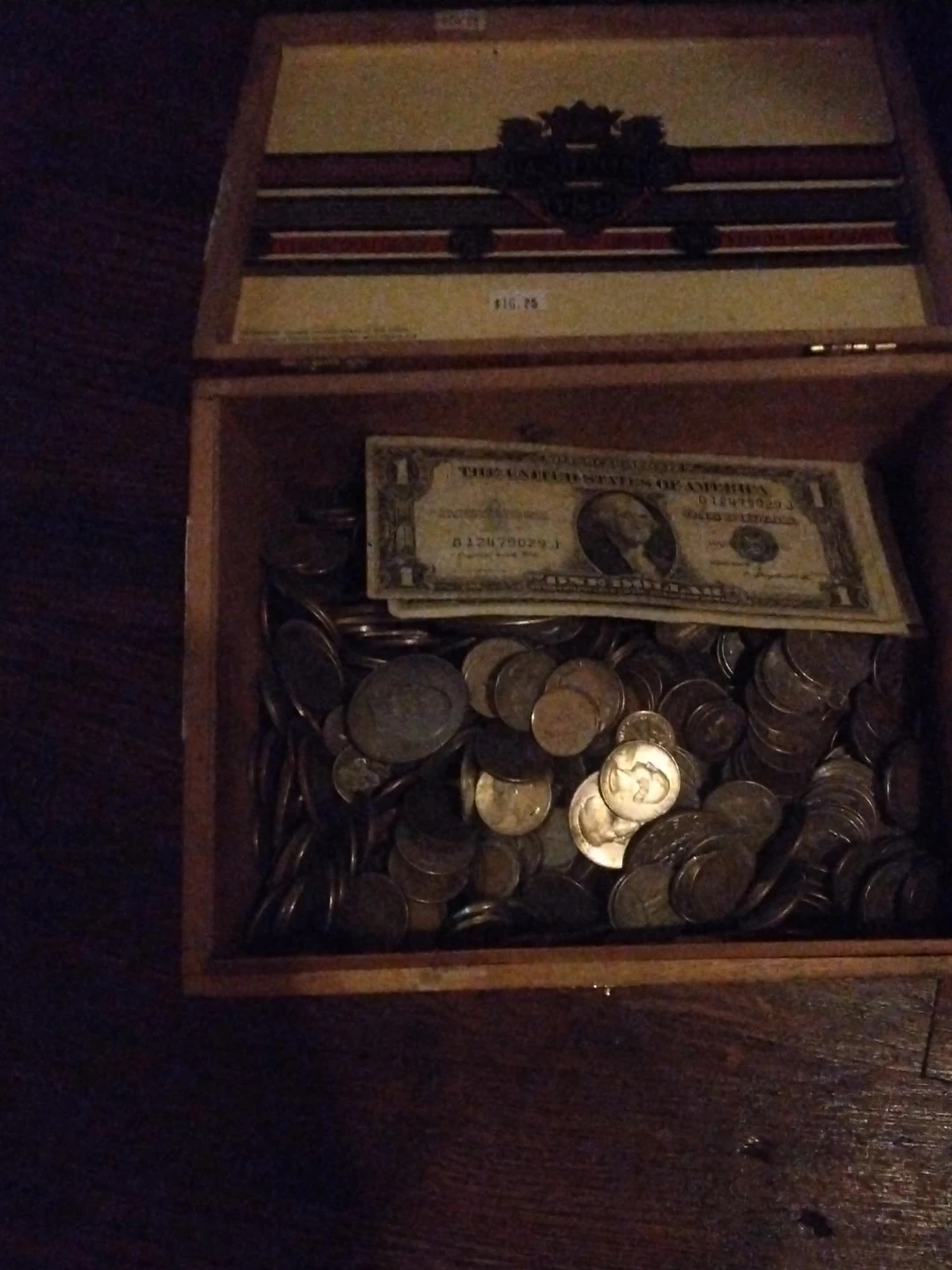 Vintage Wooden Coin Box with US Currency