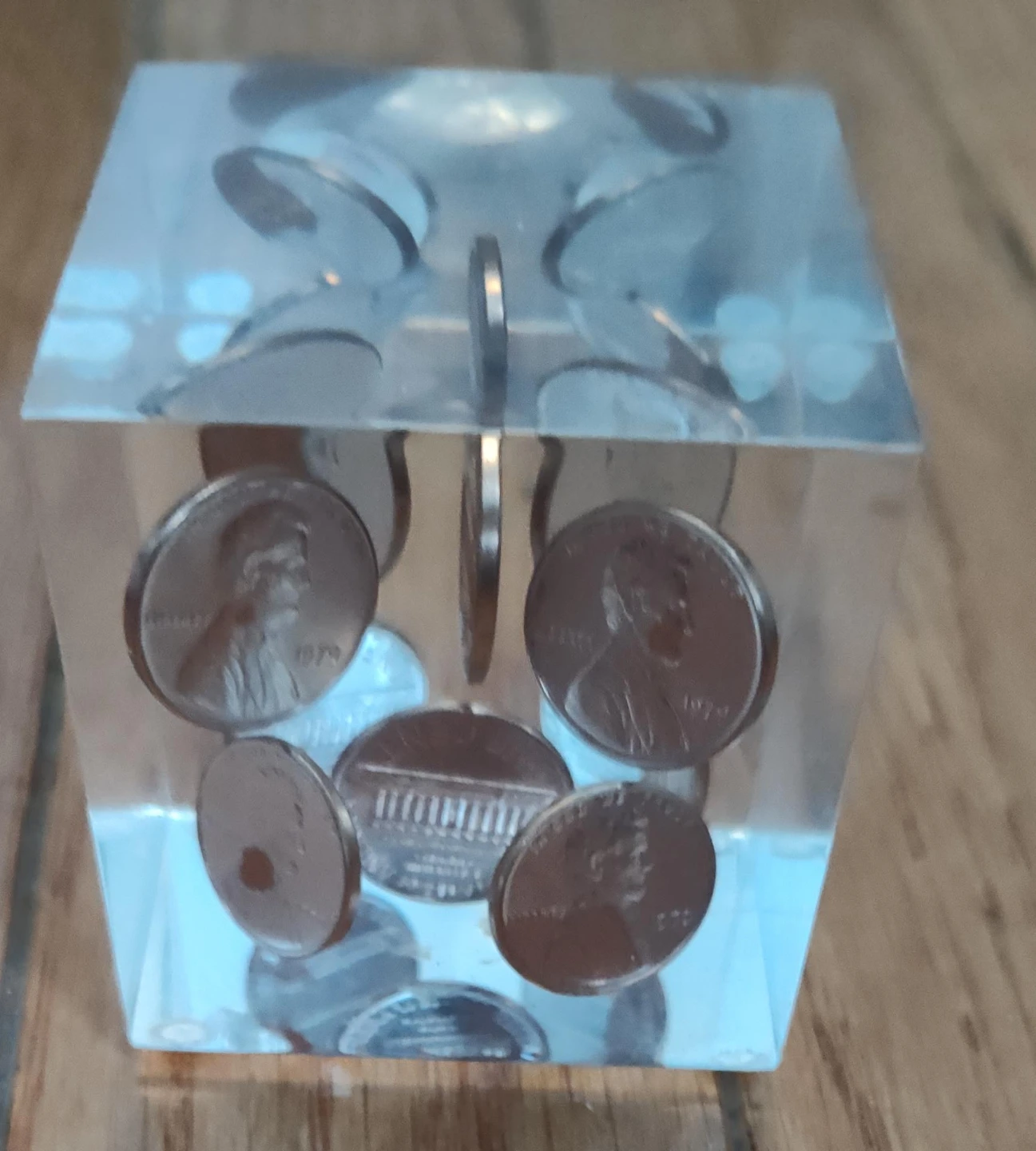 Clear Cube Paperweight with Pennies