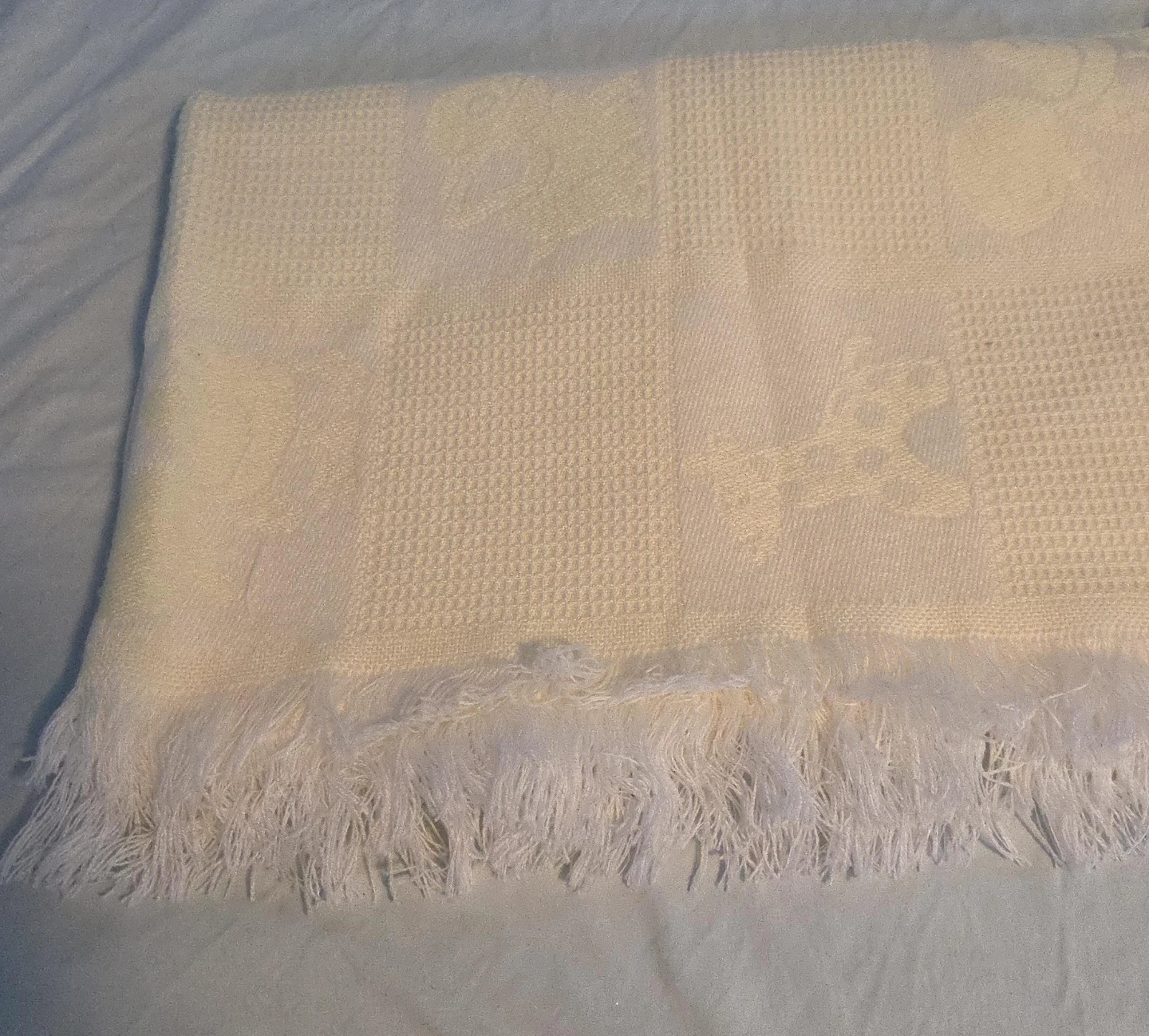 Cream Waffle Weave Baby Blanket with Fringe