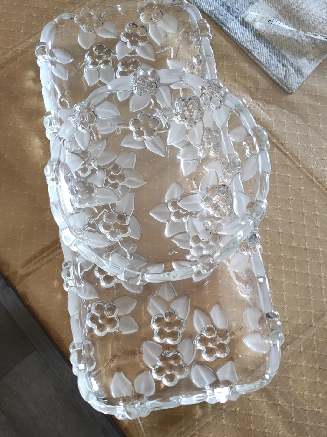 Clear Glass Embossed Floral Serving Tray and Bowl Set
