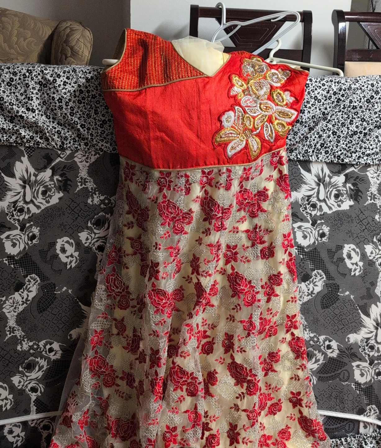 Red and Cream Floral Embroidered Dress
