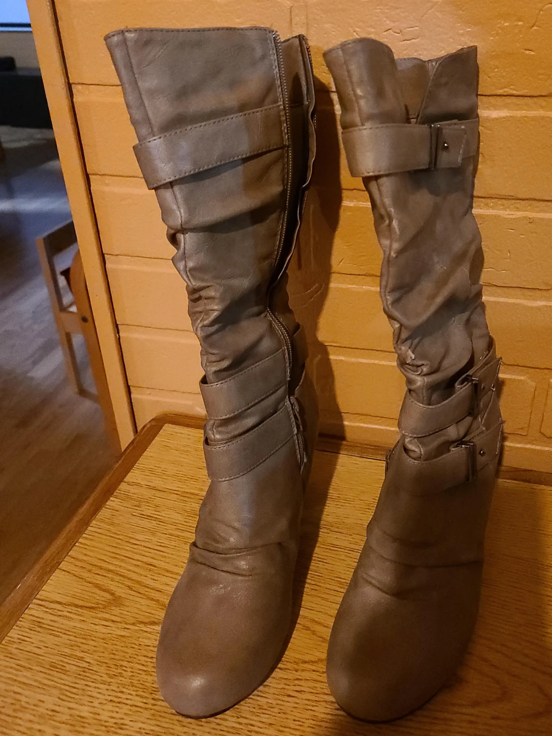 Brown Ruched Buckle Knee-High Boots