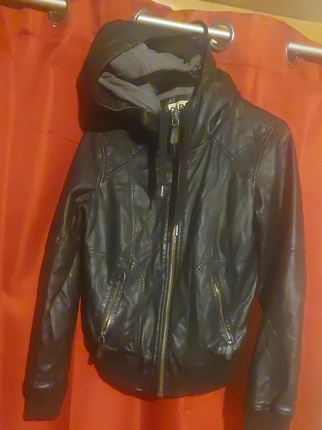 Garage Faux Leather Hooded Bomber Jacket