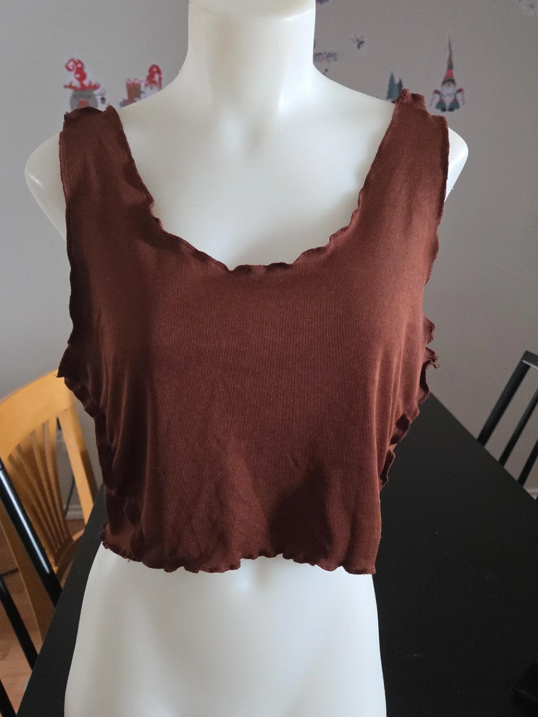 Brown Ribbed Lettuce Hem Crop Top