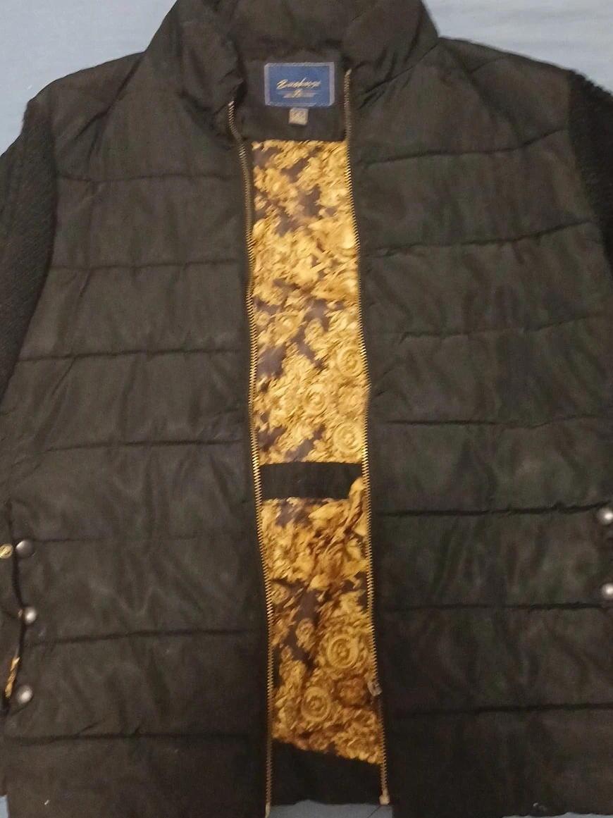 Black Puffer Jacket with Gold Pattern Lining
