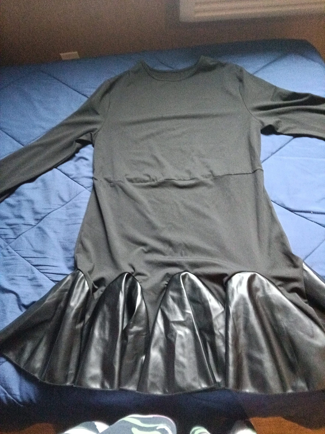 Women's Black Long Sleeve Dress with Faux Leather Skirt
