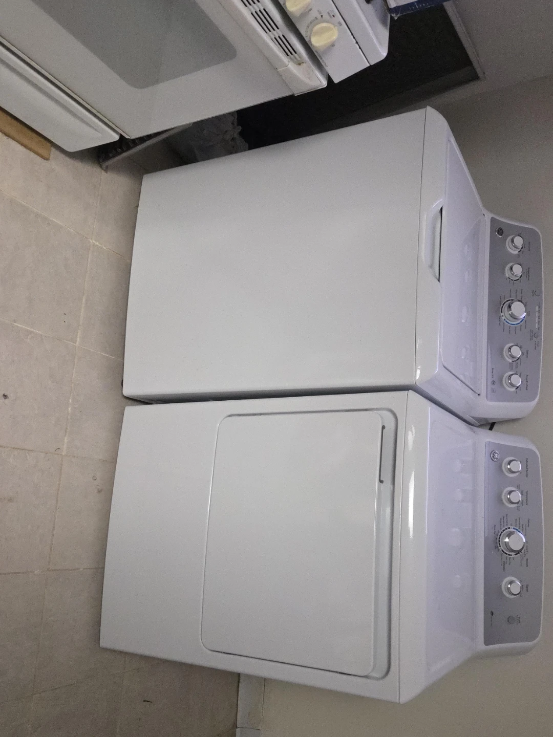 GE White Top Load Washer and Front Load Dryer Set