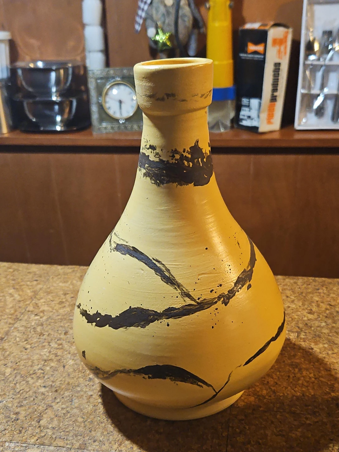 Yellow Ceramic Vase with Black Abstract Design