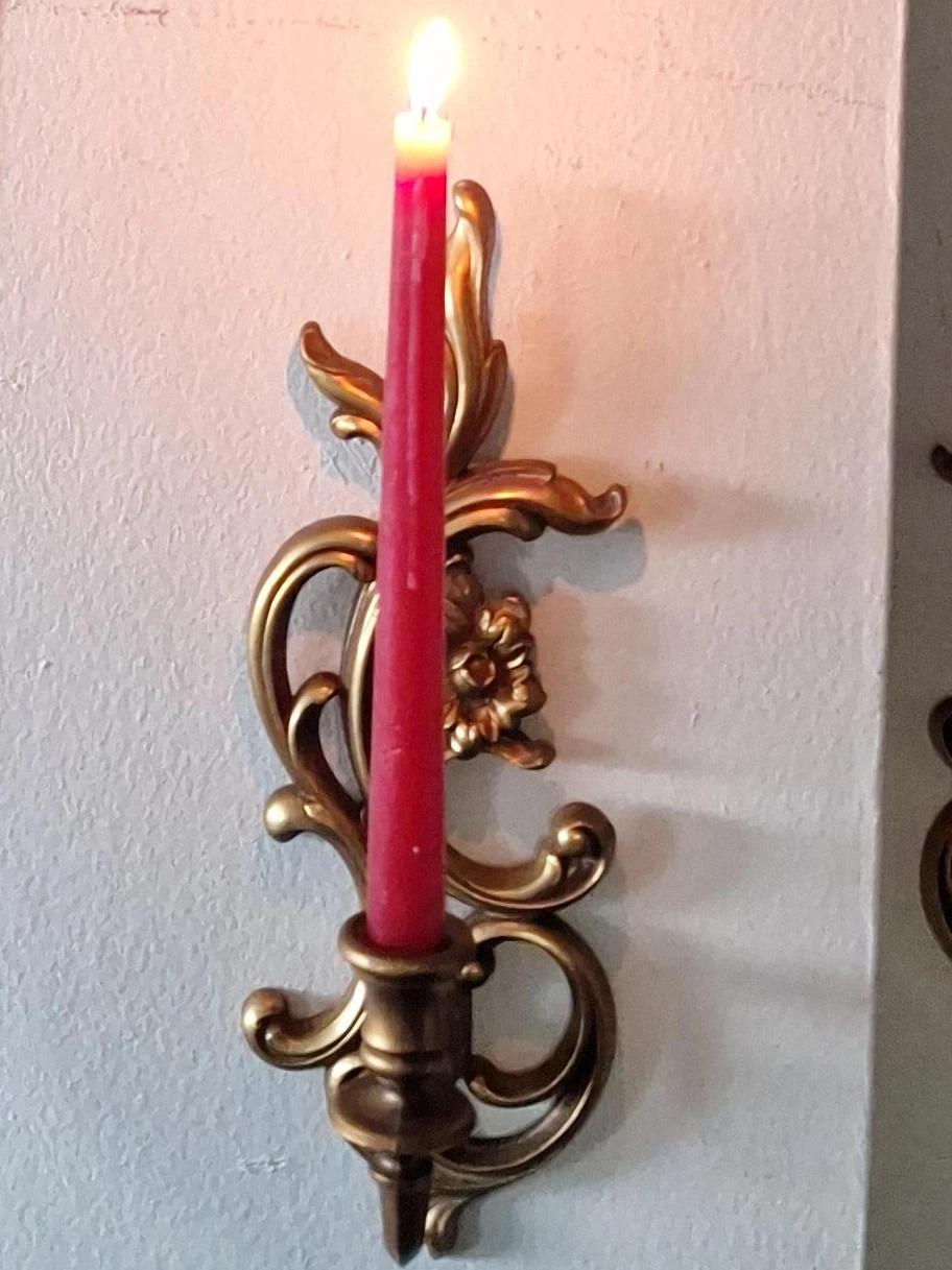 Gold Tone Ornate Wall Sconce with Red Taper Candle
