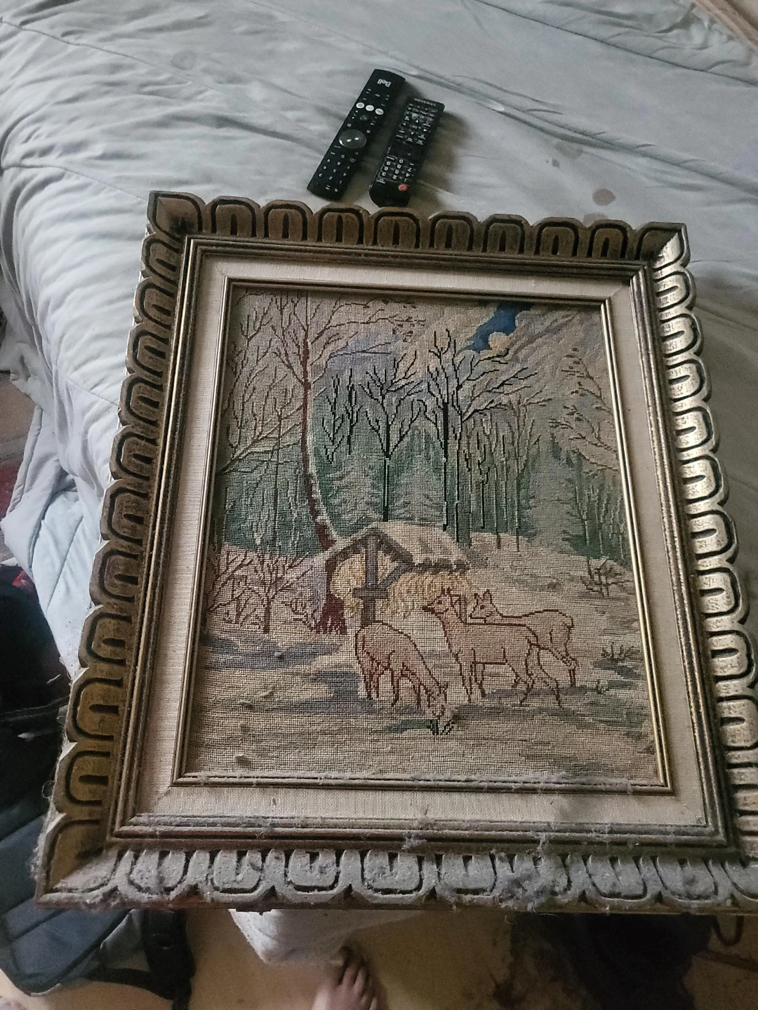Vintage Framed Needlepoint Tapestry Winter Scene with Deer