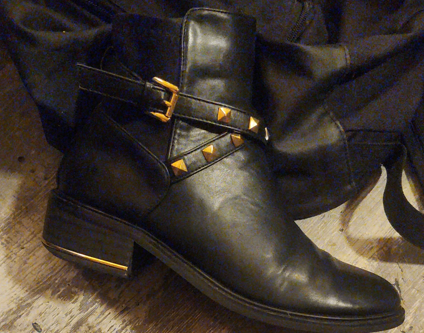 Black Studded Ankle Boots with Gold Buckle