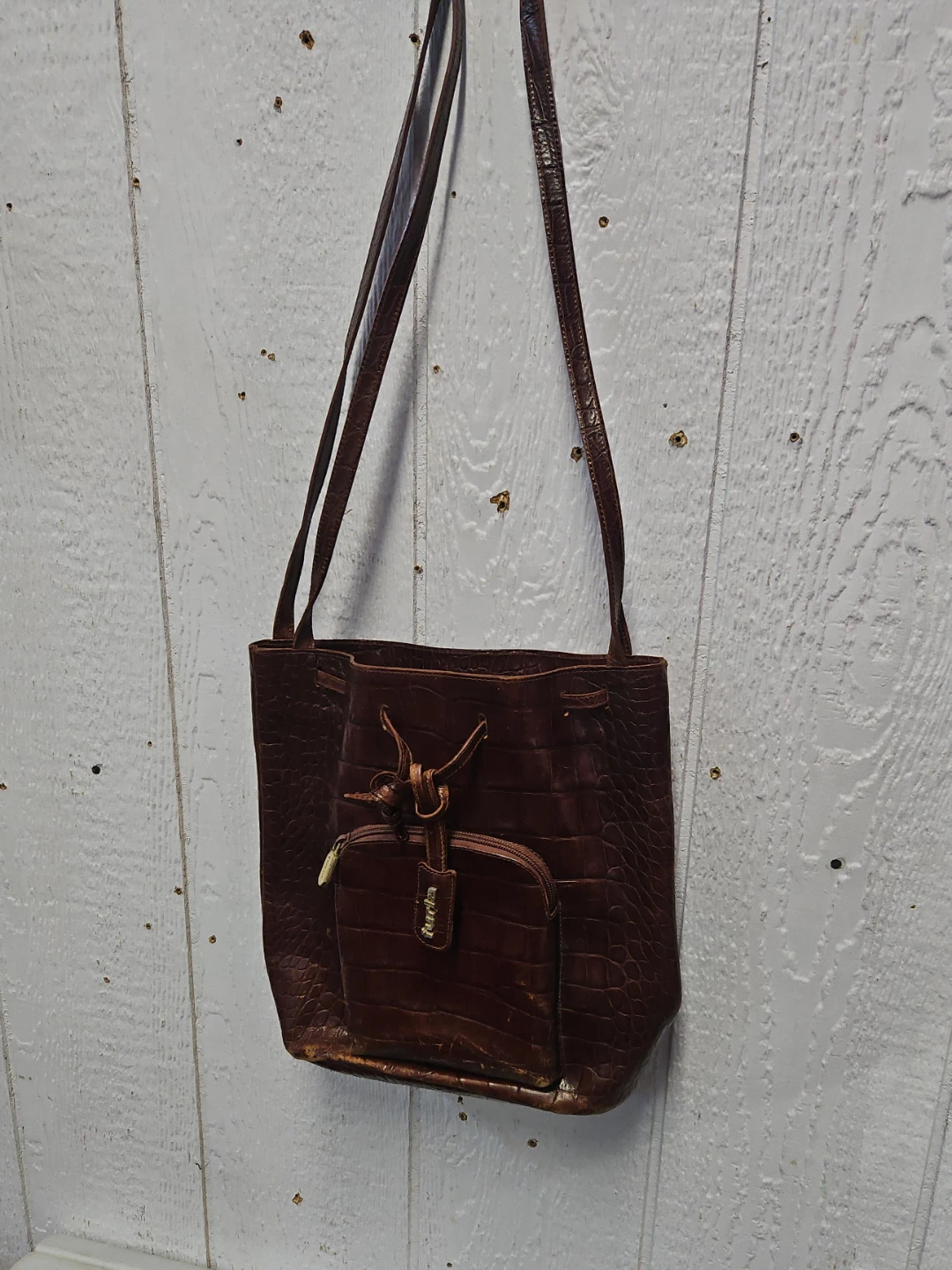 Brown Croc Embossed Shoulder Bag