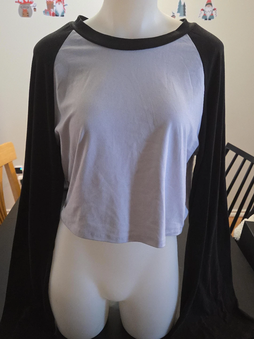 Cropped Baseball Long Sleeve Shirt - Light Purple and Black
