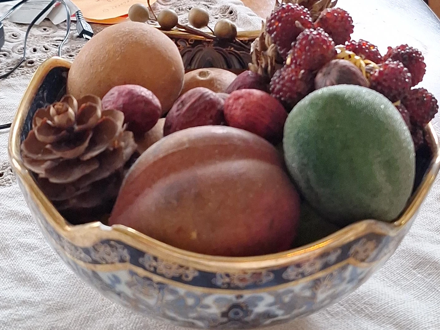 Decorative Bowl with Faux Fruit and Pinecones