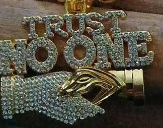 Pendant Necklace with "TRUST NO ONE" and Handshake Design